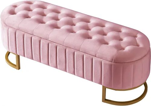 Miniatura 4 de CALABASH Banco otomano de almacenamiento rosa para el extremo de la cama, patas doradas, banco moderno de terciopelo con botones, acolchado tapizado