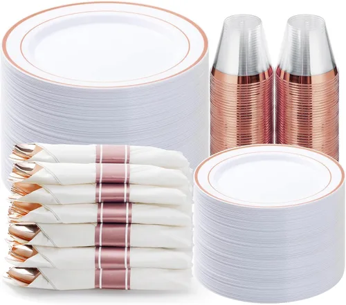 BESTVIP Juego de vajilla de plástico color oro rosa de 350 piezas, platos de fiesta desechables para 50 invitados, incluye: 100 platos de plástico,