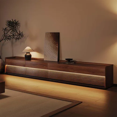 Miniatura 16 de POVISON Soporte de TV moderno de mediados de siglo totalmente ensamblado con luces LED ajustables, consola multimedia de madera, centro