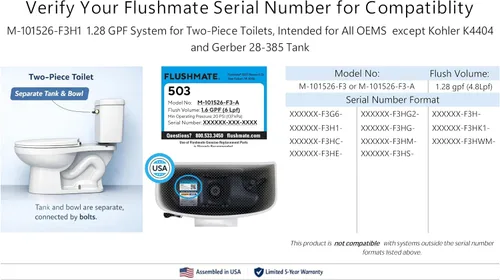 Miniatura 3 de Flushmate M-101526-F3H1 Sistema de reemplazo completo: Sistema GPF de 1.28 para inodoros de dos piezas, destinado a todos los OEMS excepto Kohler