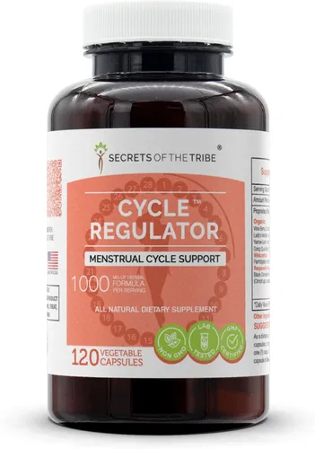 Secrets of the Tribe Regulador de Ciclo 120 Cápsulas, 1000 mg, Vitex, Partridgeberry, Manto de Dama, Cohosh Negro, Milenrama, Dong Quai. Fórmula