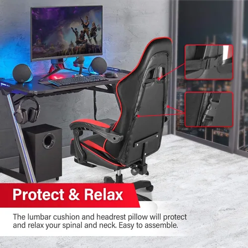 Miniatura 7 de YSSOA Silla giratoria de videojuegos y para oficina, ergonómica, con respaldo alto y asiento de altura ajustable, color rojo Rojo con reposapiés