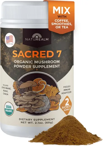Naturealm Suplemento en polvo de hongos orgánicos Sacred 7 | Suministro para 60 días | Mezcla 7 en 1 con melena de león, Reishi, Chaga | Apoyo