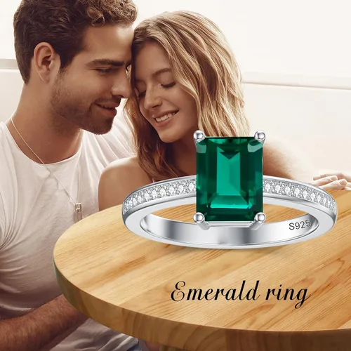 Miniatura 7 de Gnteey Anillos de plata de ley 925 de 0.315 x 0.236 in, con piedra natal de corte esmeralda, anillo de compromiso para mujer