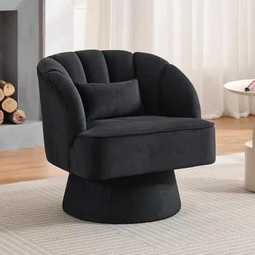 Miniatura 16 de GarveeHome Silla de acento moderna giratoria de barril, sillón tapizado de terciopelo de 360 grados con respaldo a rayas y acolchado suave, cómoda