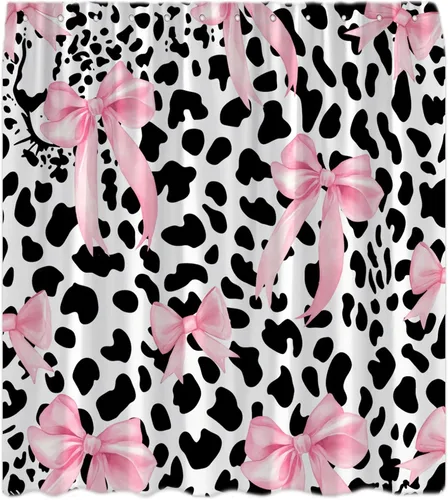 Cortina de ducha con estampado de leopardo y lazo rosa, con lazo retro, color negro y blanco, guepardo a la moda, bonito y moderno, decoración