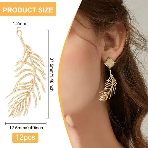 Miniatura 2 de BENECREAT 12 colgantes de plumas de latón chapado en oro de 18 quilates, colgantes de plumas de 1.5 x 0.5 x 0.06 pulgadas para aretes de bricolaje