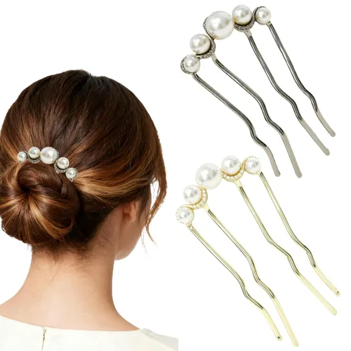 2 horquillas para el pelo en forma de U de perlas para moños, estilo vintage de metal estilo torsión, accesorios para mujeres (negro/dorado)