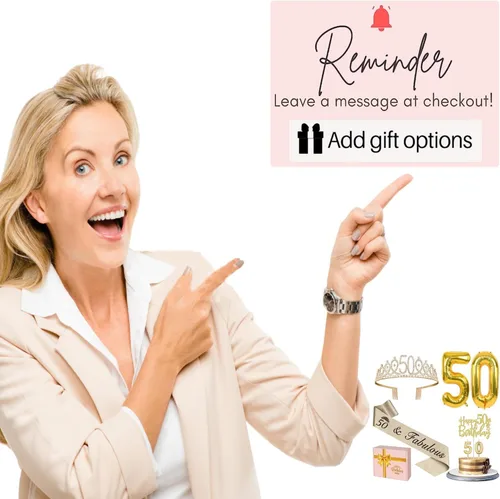 Miniatura 7 de Decoraciones de 50 cumpleaños para mujer en oro con banda y tiara de 50 cumpleaños, adorno para pastel y velas, globos numerados, regalos
