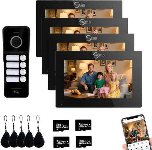 ANJIELO SMART Sistema de intercomunicación con timbre de video con cable, 4 unidades familiares de 7 pulgadas, desbloqueo 3 en 1, detección de