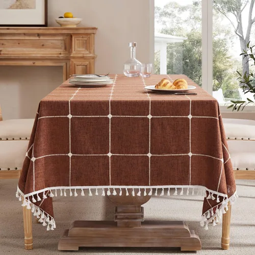 Miniatura 56 de ZeeMart - Mantel de mesa con diseño de cuadrícula boho y borlas (blanco roto, 132 cm x 132 cm), mantel de gran peso de lino a cuadros bordado