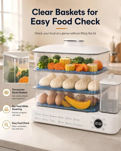 Miniatura 5 de Vaporizador eléctrico de alimentos de 24 litros, vaporizador digital de 3 niveles con inicio de retraso de 24 horas, mantiene el calor, tanque