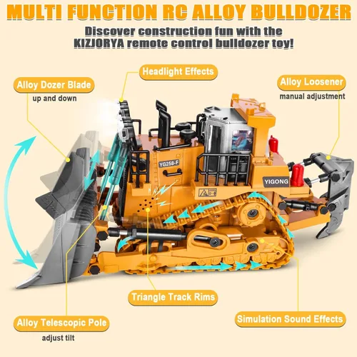 Miniatura 2 de Bulldozer a control remoto, vehículo de construcción RC de metal de 9 canales con luces, sonido y batería recargable, juguete de bulldozer a control