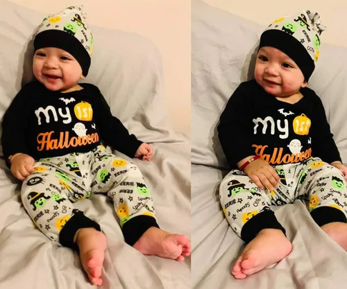 Miniatura 3 de PROMOTED TO BIG SISTER My First Halloween Baby Boy Outfit Set Pumpkin Romper Ghost Print Pants with Hat
