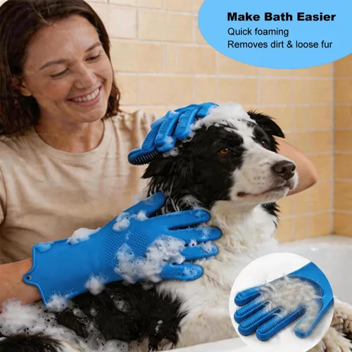 Miniatura 2 de 3 piezas de suministros de baño para perros, guantes de lavado para perros y cepillo de champú para mascotas, guante de lavado con 3000 cerdas Azul
