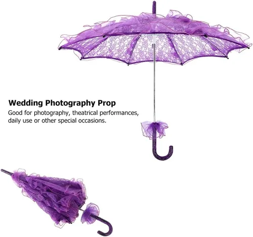Miniatura 7 de Fdit Sombrilla de algodón con encaje nupcial para bodas fiestas bailar fotografía accesorio morado