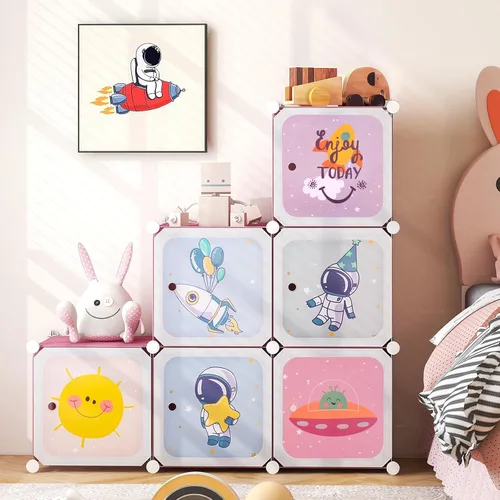 Miniatura 8 de INFANS Armario para niños, armario portátil para bebé, lindo para dormitorio de niños, armario de guardería con puertas, 12 cubos, 2 secciones