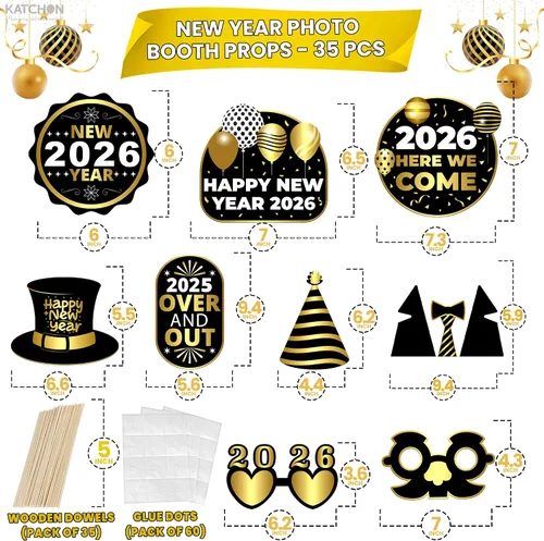 Miniatura 3 de KatchOn, Accesorios para cabina de fotos de Nochevieja 2024 – Paquete de 35 Accesorios de cabina de fotos de Año Nuevo dorado y negro