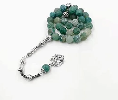 Miniatura 4 de ALBASHAN Tasbih Natural Green agate stone Blue Metal tassel 33 45 66 99 prayer beads islamic fashion stone Muslim Rosary (10mm x 45beads)