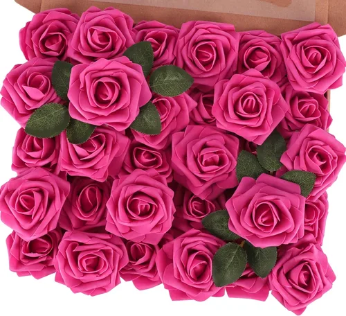 Miniatura 43 de MACTING 30 Rosas Artificiales Blancas Flores Falsas con Tallo Rosas de Espuma de Tacto Real para DIY Arreglos de Ramo de Boda Centros de Mesa White-1