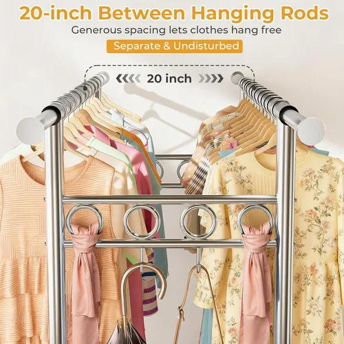 Miniatura 3 de Perchero resistente con carga de 1060 libras, cuatro barras de ropa rodantes para colgar ropa, estante de ropa rodante con ruedas resistentes, Plata