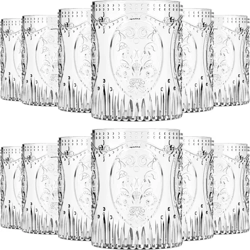 Miniatura 22 de Qinyoung 24 Vasos de Plástico Vintage para Beber de 8.5oz Copas de Vino Retro en Relieve Sin Pie Irrompibles Reutilizables para Baby Shower Negro