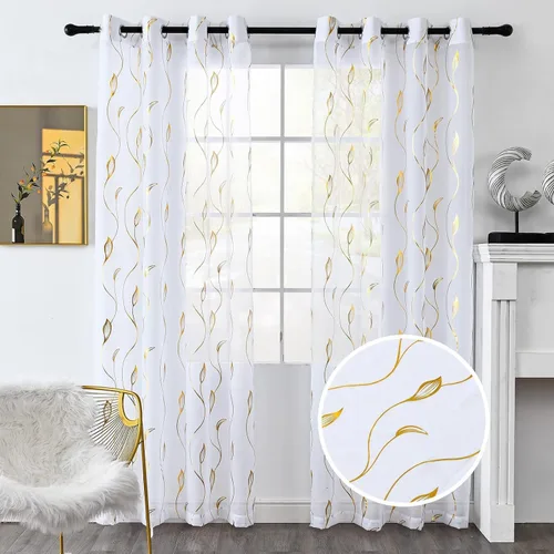 Miniatura 28 de Youleyar - 2 paneles de cortinas de gasa con estampado de lámina dorada, con ojales en la parte superior, para ventana, de 63 pulgadas de largo