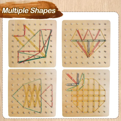 Miniatura 5 de Tablero geométrico de madera para niños - Juguete educativo Montessori STEM con tarjetas de patrones y bandas de goma, rompecabezas de formas