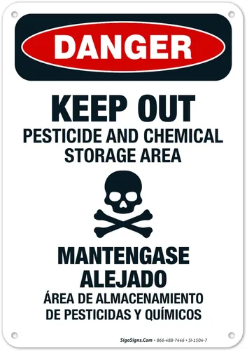 Danger Keep Out - Cartel bilingüe para almacenamiento de pesticidas y productos químicos, 10 x 7 pulgadas, aluminio 040, resistente a la