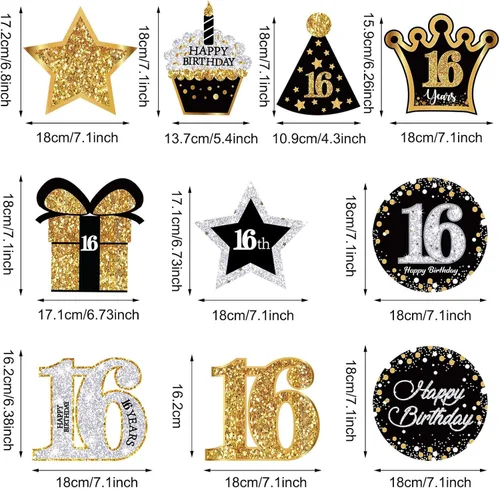 Miniatura 2 de Frienda 30 piezas de decoraciones de fiesta de cumpleaños número 16, tarjetas decorativas para fiestas de cumpleaños y remolinos colgantes