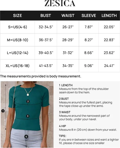 Miniatura 6 de ZESICA Camiseta de manga corta con cuello redondo y punto acanalado para mujer, ajustada, camiseta básica de verano 2023 de color sólido
