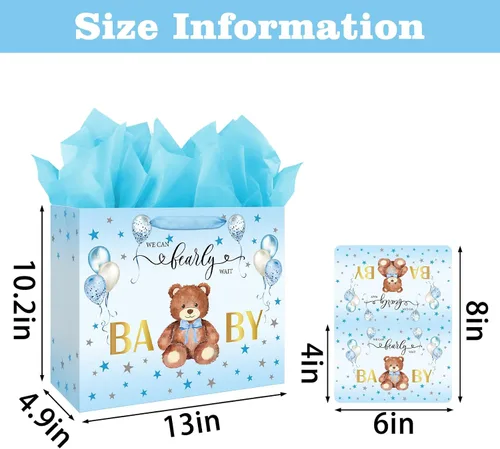 Miniatura 2 de Laidans Bolsa grande de regalo de cumpleaños para baby shower de 13 pulgadas para niño con papel de seda y tarjeta, globos azules, diseño de oso