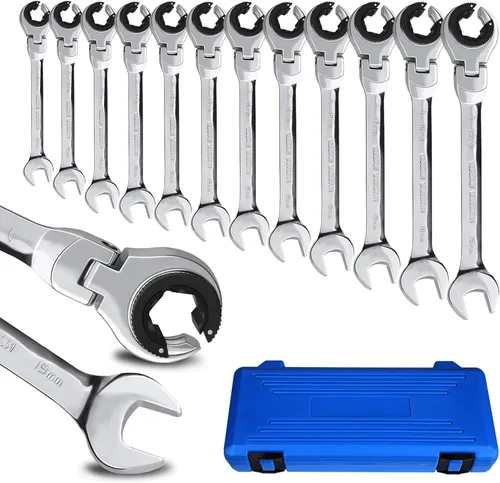 Miniatura 9 de LOSCHEN 1 pieza de 14 mm de llave de trinquete de cabeza flexible abierta, llave de trinquete métrica con 77 dientes, llave de tubo de trinquete