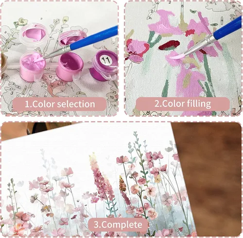 Miniatura 6 de SUMGAR Kit de pintura enmarcada por números para adultos flores, kit de pintura de lienzo de flores silvestres rosas con marco, pintura acrílica