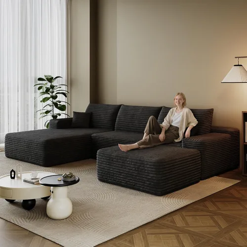 Miniatura 52 de Sofá modular en forma de L de 96 pulgadas con diván, moderno y cómodo sofá de pana para sala de estar, sofá de espuma viscoelástica, no requiere