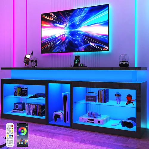 Soporte de TV LED de 71 pulgadas con toma de corriente, luces LED de 60 colores para TV de 65, 70, 80 pulgadas, centro de entretenimiento para Negro
