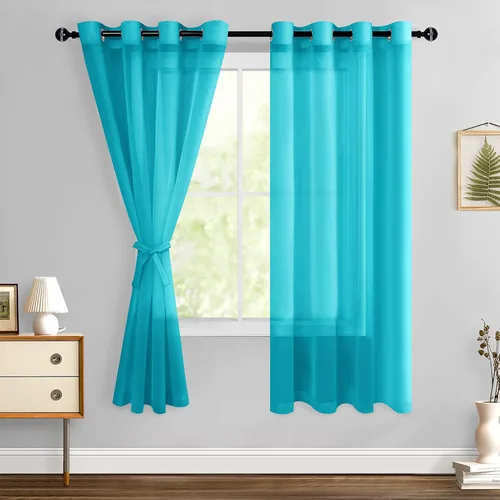 Miniatura 24 de Hiasan - Cortinas traslúcidas de gasa cortas semitransparentes con ojales y alzapaños filtrantes de luz para ventana, dormitorio, baño, 2 paneles