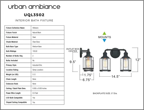 Miniatura 8 de Urban Ambiance Lámpara de tocador de baño industrial chic de lujo, tamaño mediano: 12 pulgadas de alto x 14.5 pulgadas de ancho, con elementos