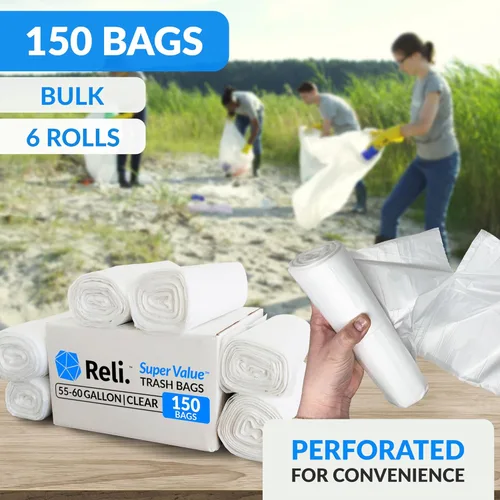 Miniatura 3 de Reli. Bolsas de basura Easy Grab de 55 a 60 galones (150 unidades) (transparentes) – Rollos de alta densidad con sello de estrella – Revestimientos