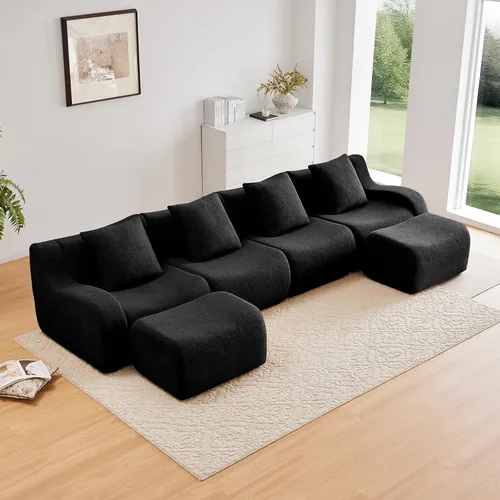Miniatura 19 de Otomana de tela de peluche negra, moderno reposapiés modular sin hueso en una caja para sala de estar, cómodo diseño de asiento profundo,