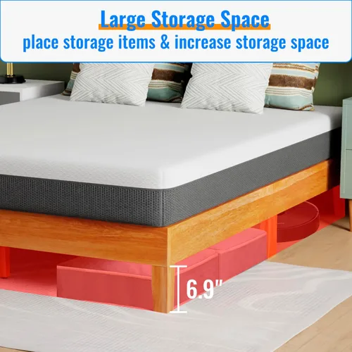 Miniatura 5 de PayLessHere Marco de cama de madera con plataforma tamaño Queen, sin cabecero, no necesita somier, listones de madera, soporte sin ruido, fácil