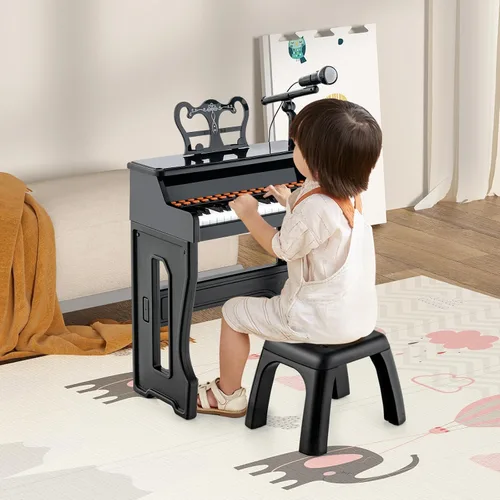 Miniatura 2 de HONEY JOY Piano para niños, piano de teclado negro de 37 teclas para niños con soporte de música y banco, regalo para bebés con micrófono