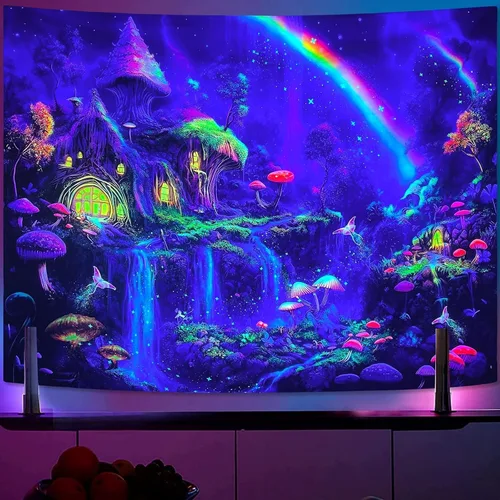 Miniatura 3 de Kanuyee Tapiz de luz negra de neón para colgar en la pared, bosque encantado, cascada, tapices para dormitorio, tapices UV, para colgar en la pared