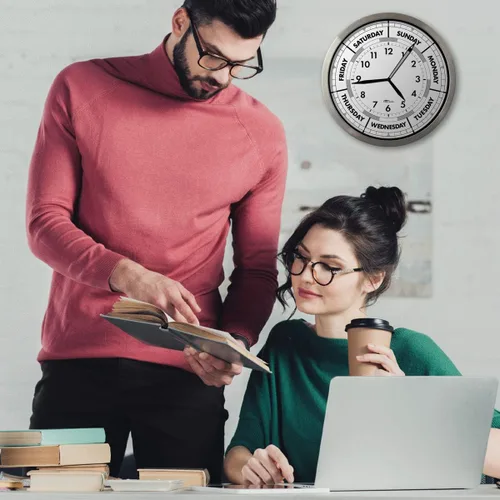 Miniatura 7 de Reloj de pared de hora y día de la semana con marco de aluminio moderno de 12 pulgadas, regalo de jubilación ideal para hombres y mujeres, reloj