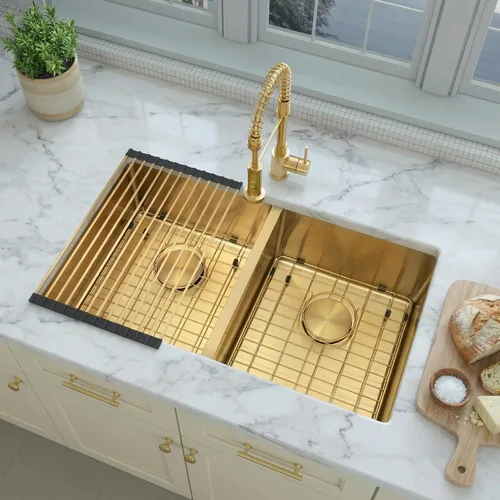 Miniatura 10 de LQS Fregadero de cocina dorado de 32 x 18 pulgadas, fregaderos de cocina empotrados, fregaderos de acero inoxidable de doble tazón 50/50