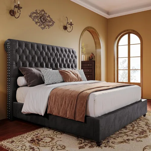 Miniatura 11 de PaPaJet Marco de Cama King Tapizado Marco de Cama de Plataforma con Cabecero de Trineo de 53" de Alto, Capitoné, No Necesita Somier, Fácil Montaje