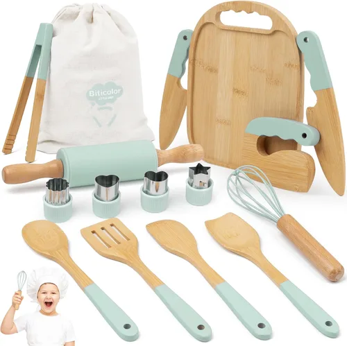 Juego de cocina Montessori de madera para niños, herramientas de cocina reales y utensilios para hornear, kit de cocina de 15 piezas para niños con