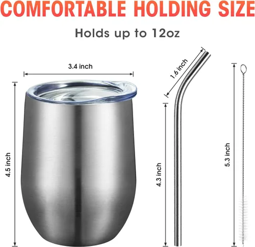 Miniatura 3 de COMOOO Vaso de vino aislado de 12 onzas con tapa, vaso de vino de acero inoxidable sin tallo, vaso de vino de doble pared al vacío con pajita, café