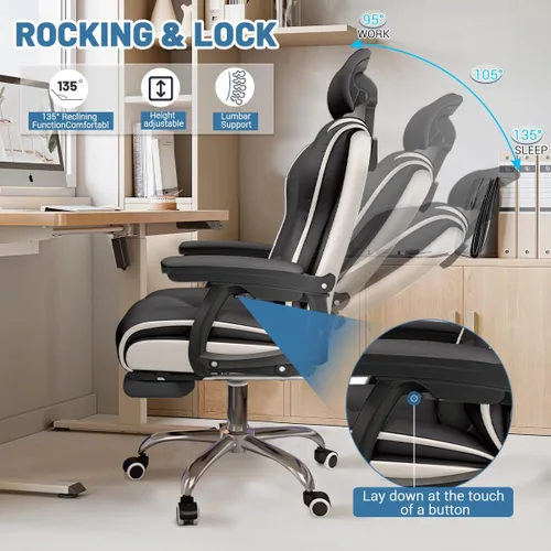 Miniatura 7 de Silla ejecutiva para computadora, silla de escritorio para oficina en casa, ángulo ajustable, ergonómica, de altura ajustable, sillas de piel Negro