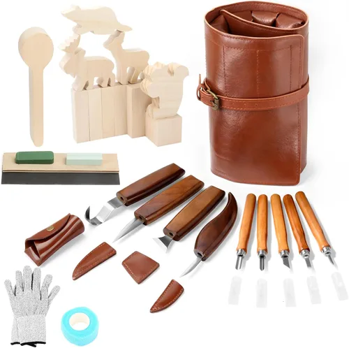 Miniatura 12 de Kit de tallado de madera, 26 herramientas de tallado de madera con 4 cuchillos de tallado de madera, 4 cuchillos de detalle, 10 bloques de tilo